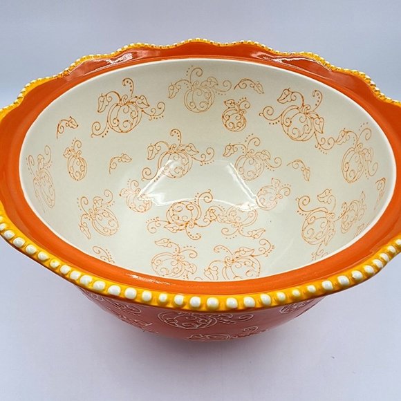 Tara Temptations Pumpkin Floral Lace Serving Bowl w Lid Ovenware Orange 3 quart - Picture 4 of 15